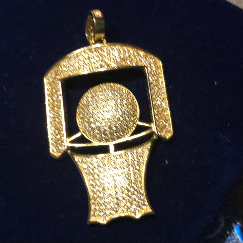 Unisex 925 Sterling Silver Topaz Encrusted Gold Plated Basketball Goal Pendant - Picture 6 of 9